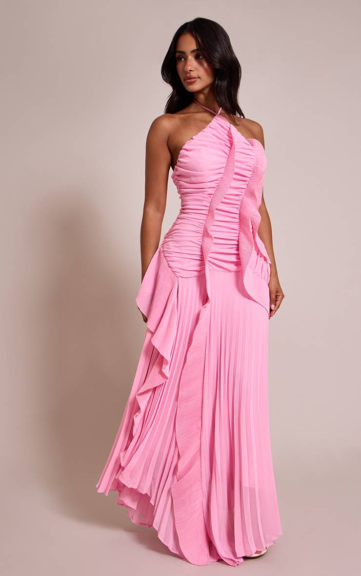Rose Robe Longue Plissée À Col Licou Avec Détails À Volants Petite Taille