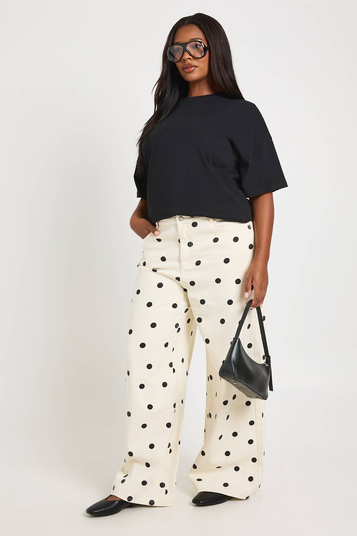 boohoo Jean Grande Taille À Pois Taille Haute Jambe Large