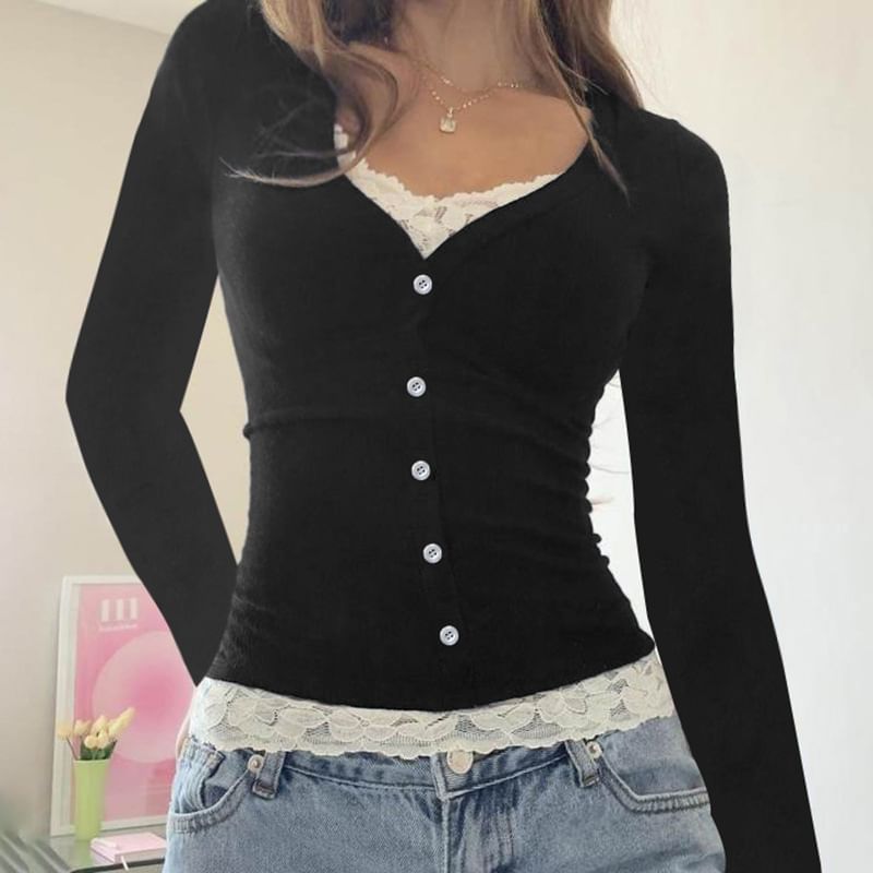 Sosana - Geribbelde crop top met lange mouwen en kantpaneel