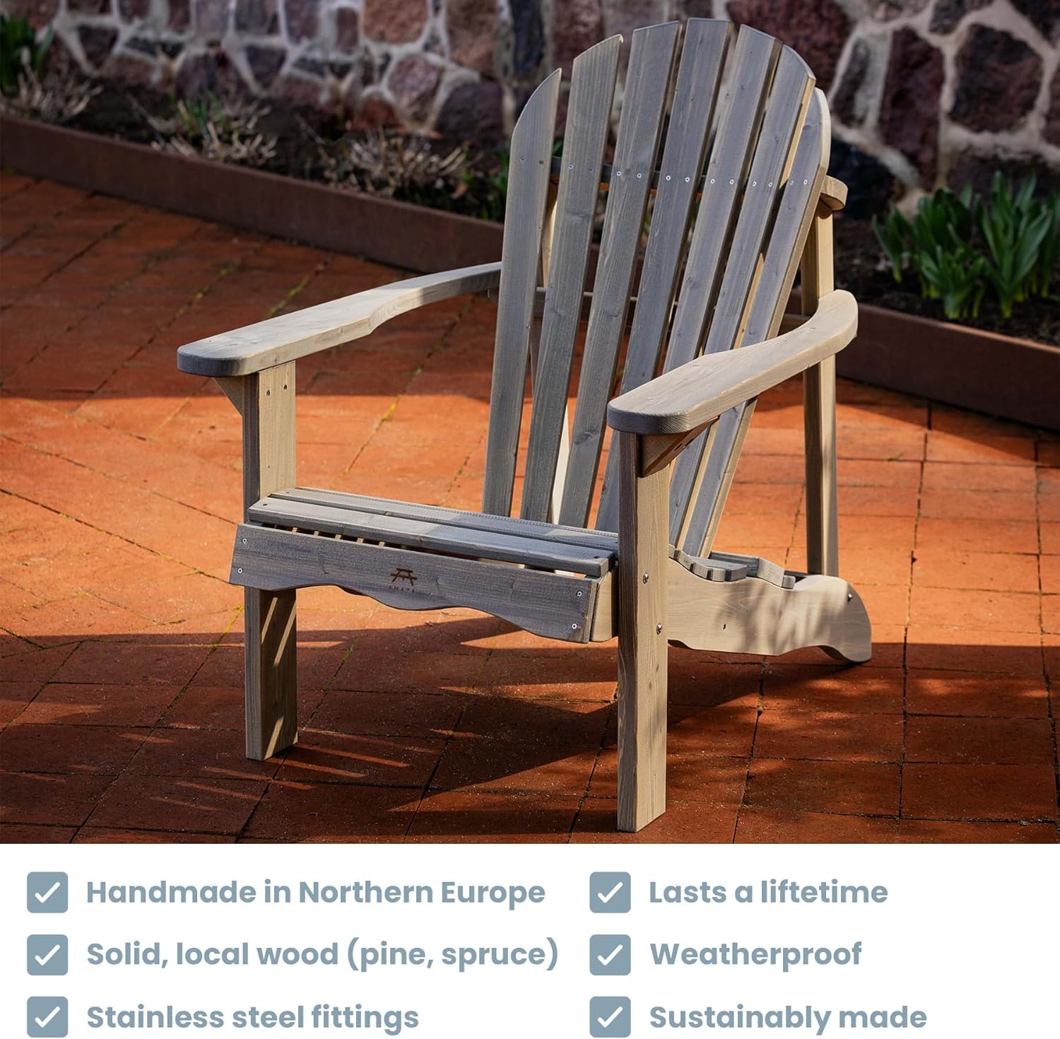 AMATA Single Adirondack Stuhl für Draußen, UNGURS Collection - Wetterfester Holzstuhl für Terrasse, Hinterhof und Garten Feuerstellen - Ergonomisch und Langlebig, Zeitloses Design (Grau)