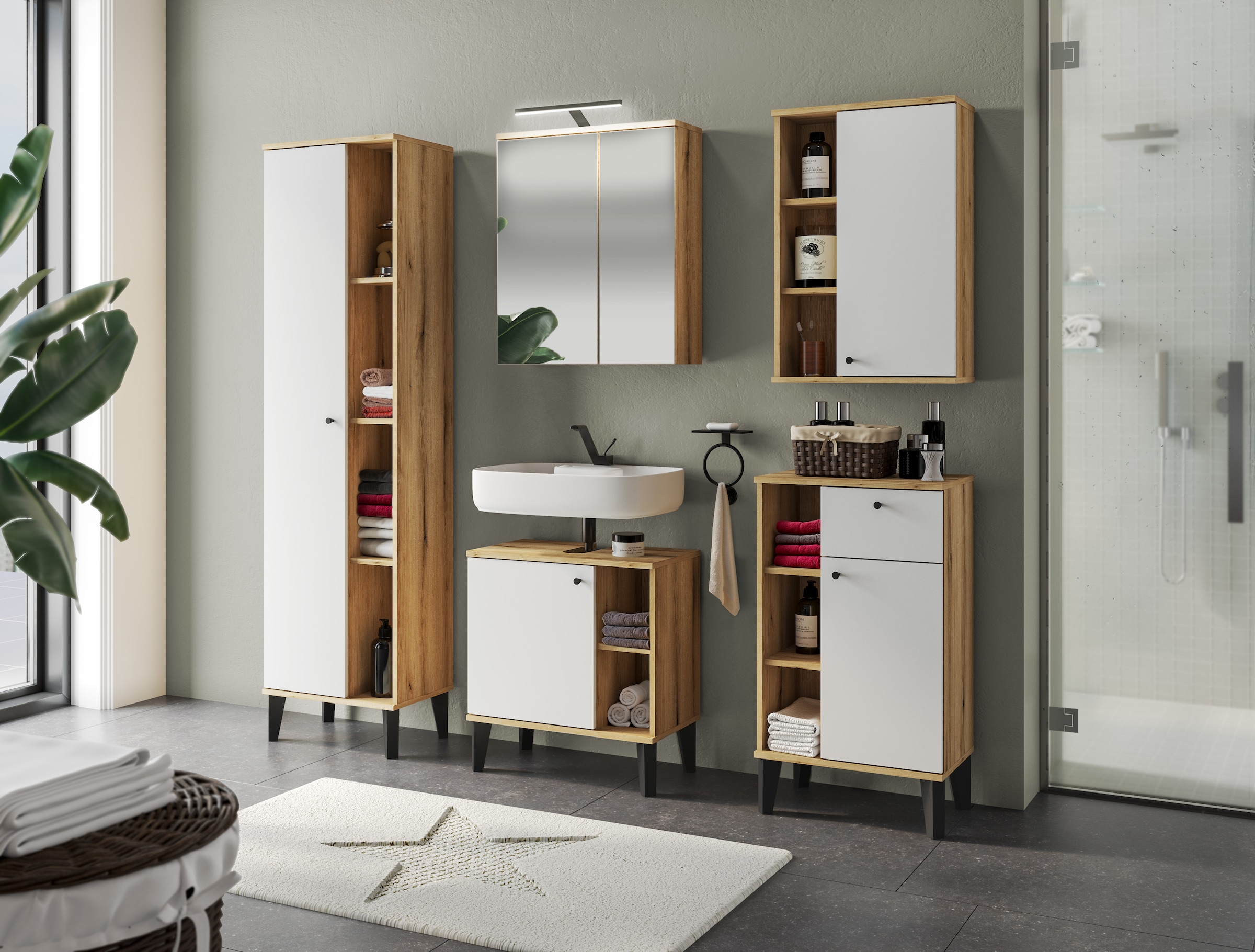 INOSIGN Stauraumschrank »Oslo, Badschrank mit Knopfgriff, Hochschrank im skandinavischen Design« in der Türfarbe Weiss oder Grau verfügbar, ausreichend Stauraum