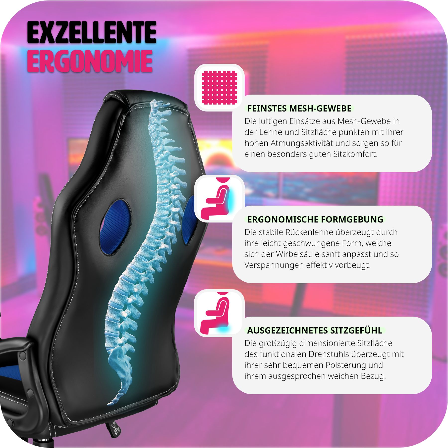 tectake® Bürostuhl, ergonomische Form, Kunstlederbezug mit Mesh-Gewebe, Belastbarkeit 120 kg