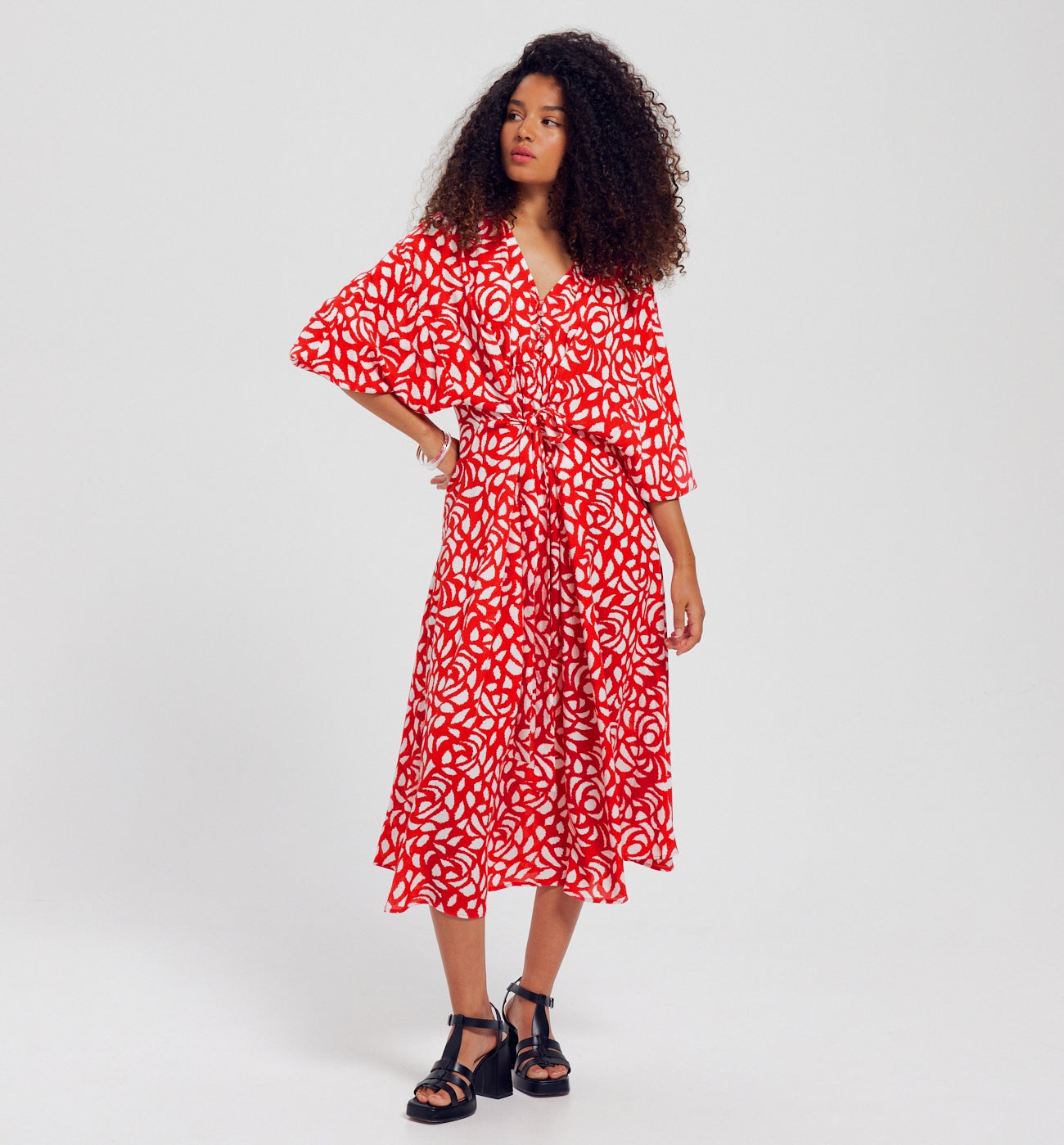 Robe à manches ballon Femme - Imprimé rouge