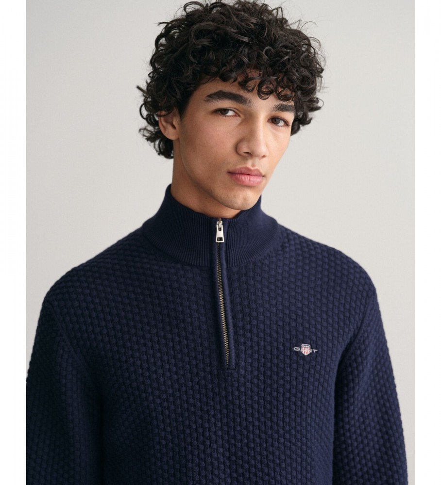 Camisa de algodão texturizada Gant azul marinho com meio zíper