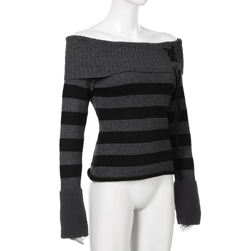 Trisica - Gestreepte trui met vetersluiting en off-shouldermotief