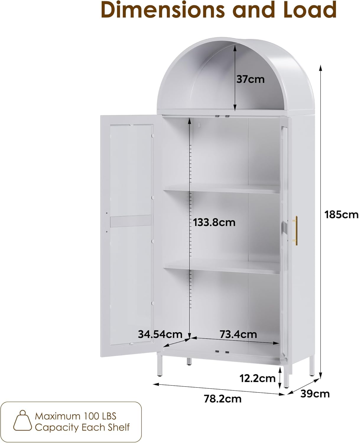 185 cm Metallschaukasten, Vitrinen-Schrank mit Gewölbtem Oberteil, mit 2 Glastüren und 2 Regalen, Küchenschrank, Glasvitrine für Wohnzimmer und Schlafzimmer, Weiß