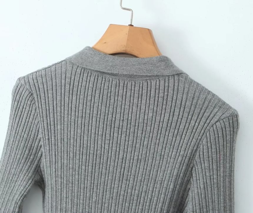 Asiris - Mock Two-Piece Long-Mouw Polo-Neck Two-Tone Ribbed Mini A-Line Jurk