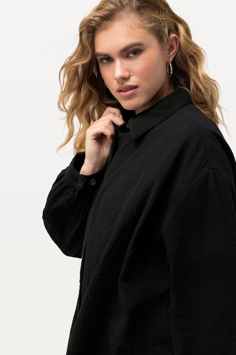 Musselin-Hemdbluse, Oversized, Hemdkragen, Langarm