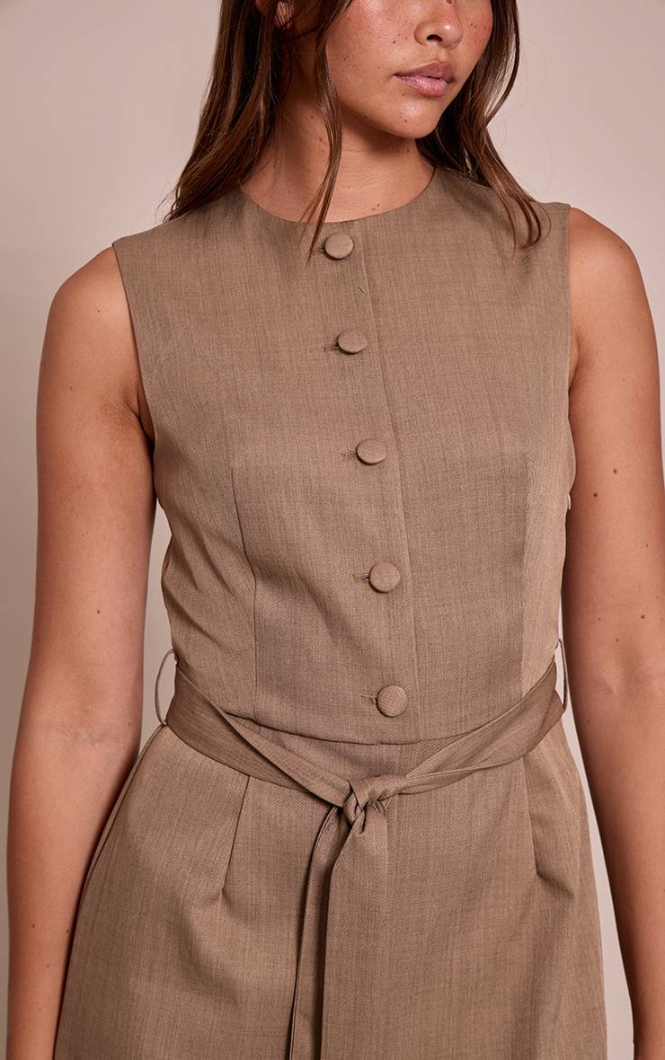 Taupe Combinaison Pantalon Large En Tissu Tissé Avec Ceinture Nouée Et Boutons