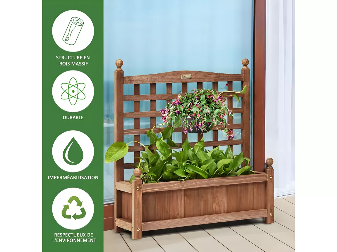 Jardinière avec Treillis en Bois 64,5 x 28 x 75 cm Bac à Fleurs Rectangulaire avec Trous de Drainage pour Jardin Terrasse