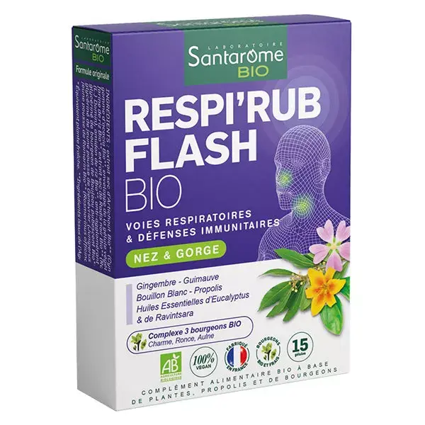 Santarome Bio - Respi'Rub Flash Bio - Nariz e Garganta - 15 comprimidos