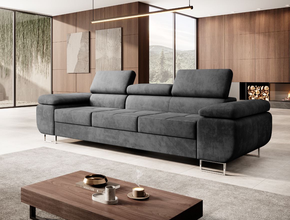 M-Punk Polstergarnitur Miami 3-2-1 Samtstoff Grau Anthrazit mit Bett Kopfteilverstellung Bett Sofa Schlafsofa Wohnlandschaft