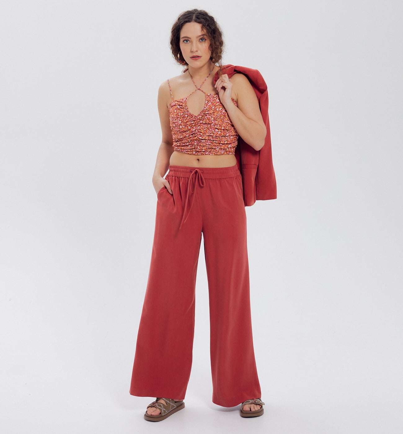 Crop top smocké Femme - Imprimé multicolore