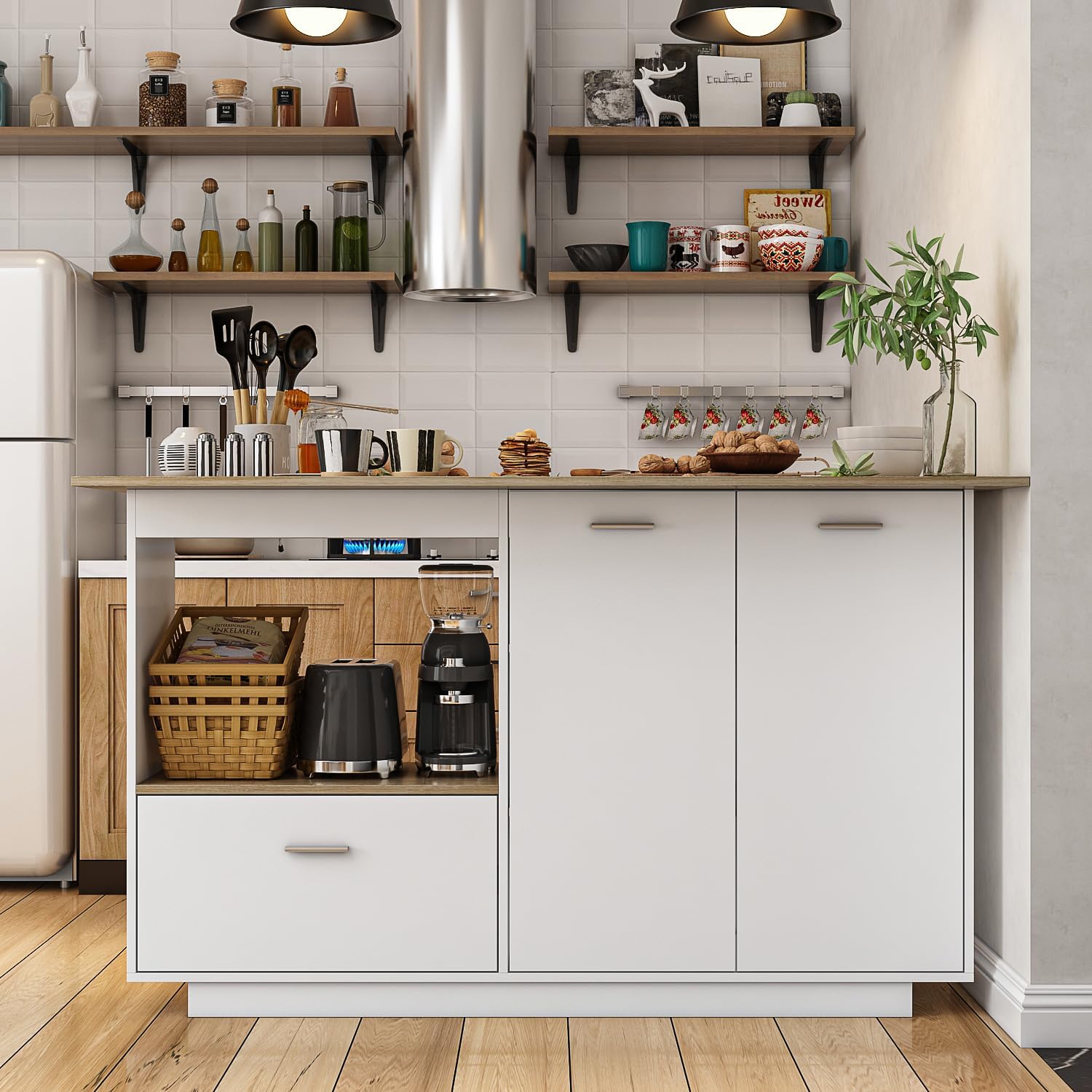 Caldion Kücheninsel mit Arbeitsplatte,Küchenwagen mit Schubladen,Küchenschrank mit Verstellbare Schotten,Buffetschrank Holzfarbe und Weiß,Kücheninselschrank,150x40x91cm