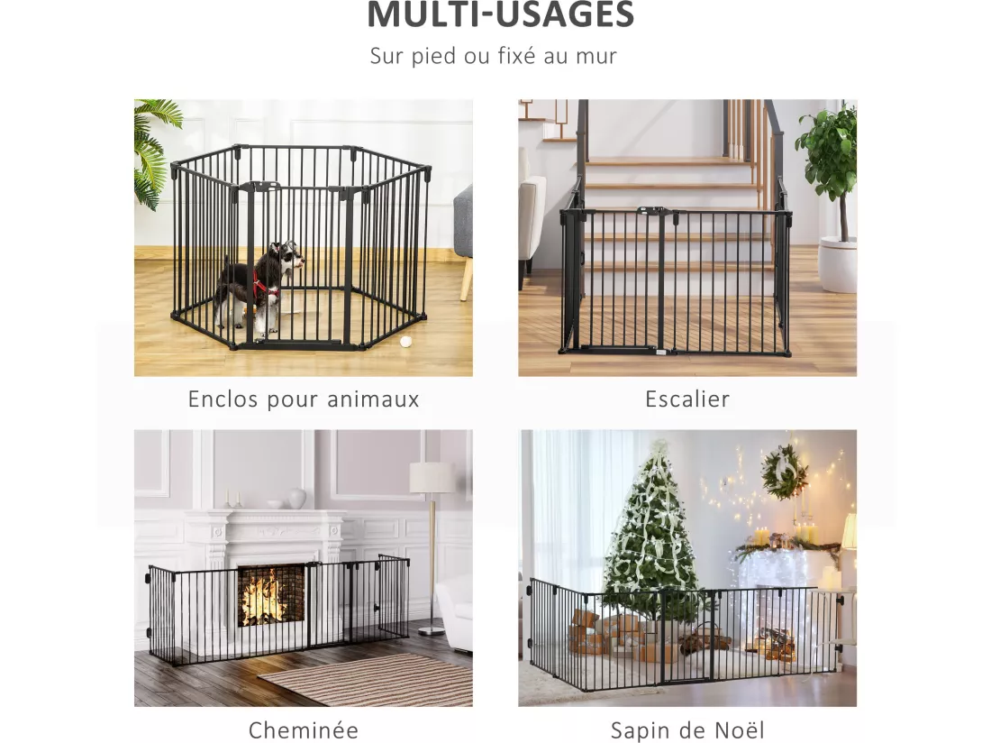 PawHut Barrière de sécurité - parc enclos chien modulable pliable - porte verrouillable - 6 panneaux acier et PP - dim. 362,5L max. x 76H cm noir