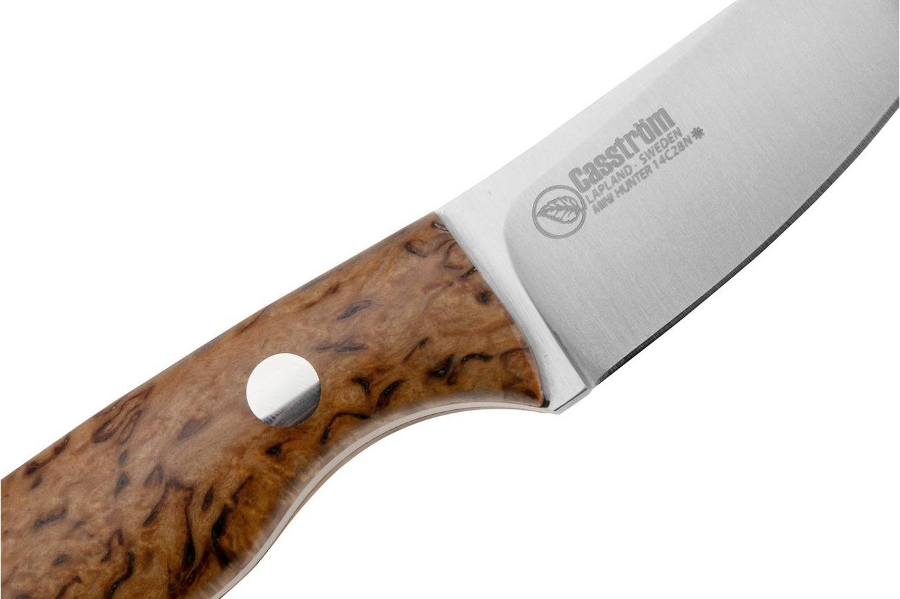 Casström Safari Mini Hunter 11618, Stabilised Curly Birch Kydex, vaststaand mes, Alan Wood design