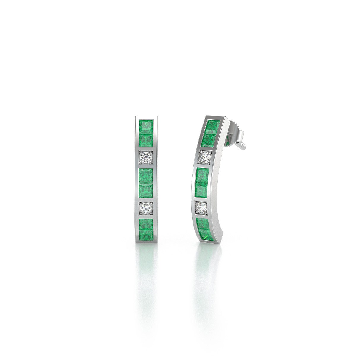 Boucles d'oreilles ADEN Or 585 Blanc Emeraude et Diamants 2.40grs