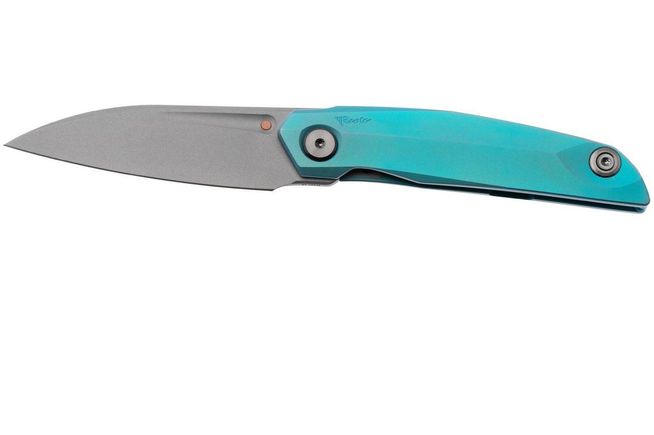 Reate VK-ANUB-TI-BC, Darkwashed Elmax, Blue Cyan Titanium zakmes, Vulpex Knives design