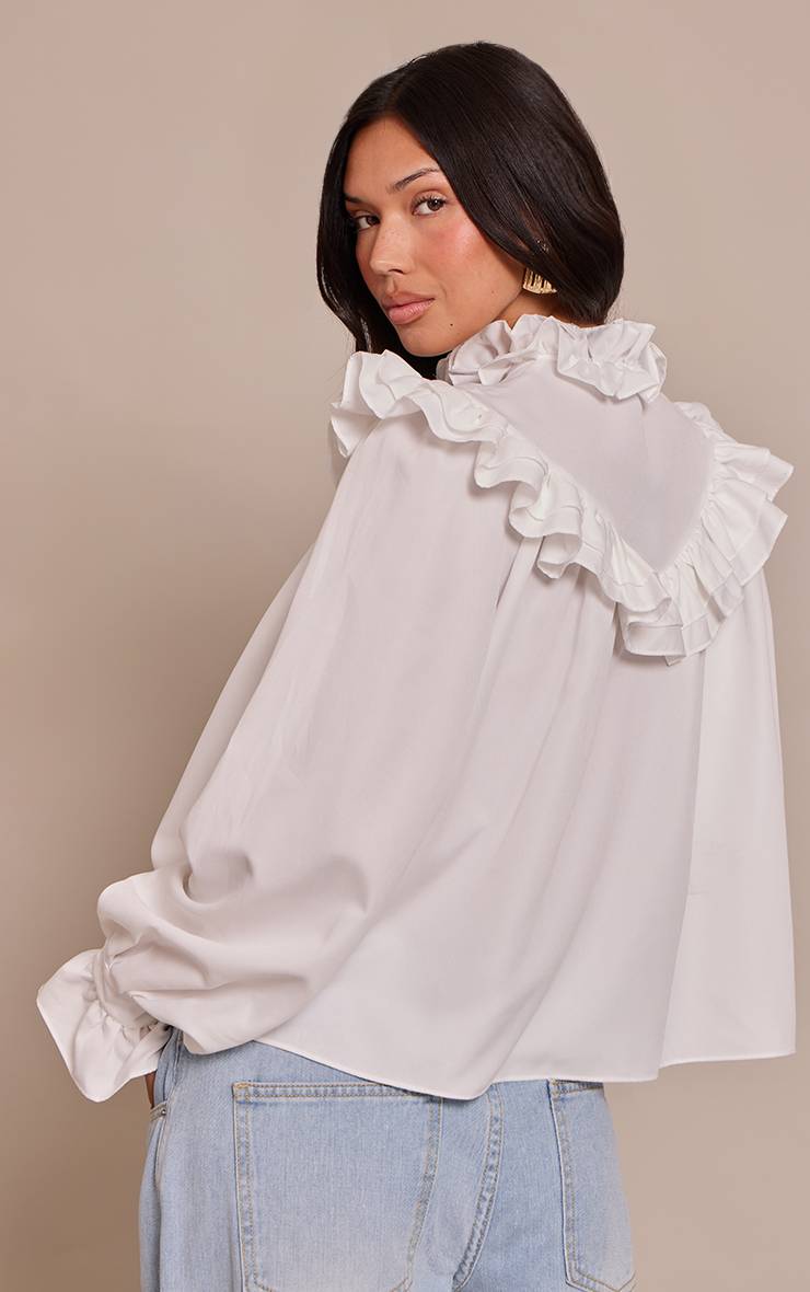 Blanc Chemise À Manches Longues En Coton Avec Col Montant Et Détails À Volants