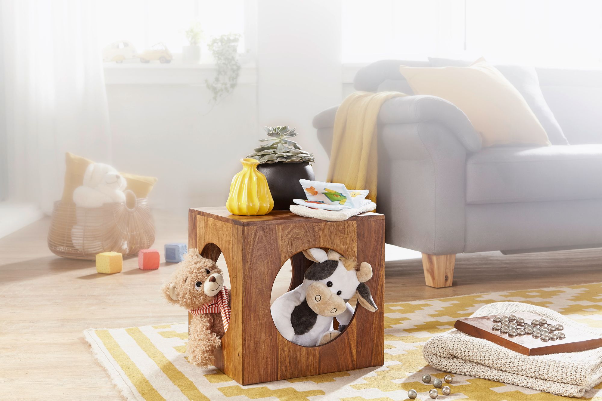 FineBuy Sheesham Beistelltisch 35x35x35 cm Cube Holztisch Tisch mit Stauraum