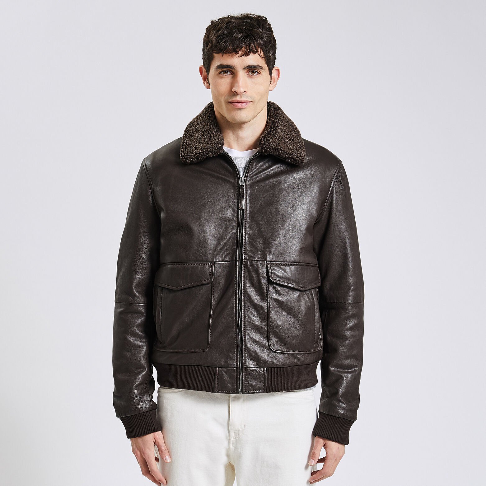 Blouson en cuir col moutonné amovible Marron