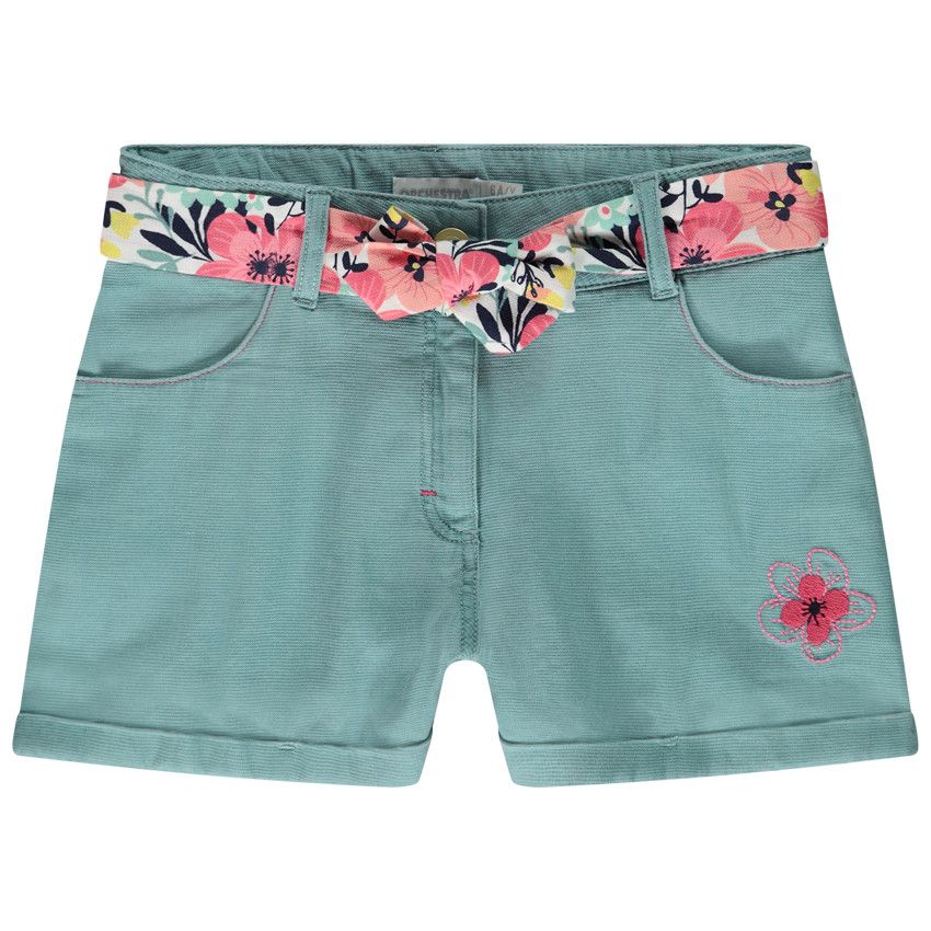 Short en toile avec ceinture à nouer imprimé floral pour fille - Vert