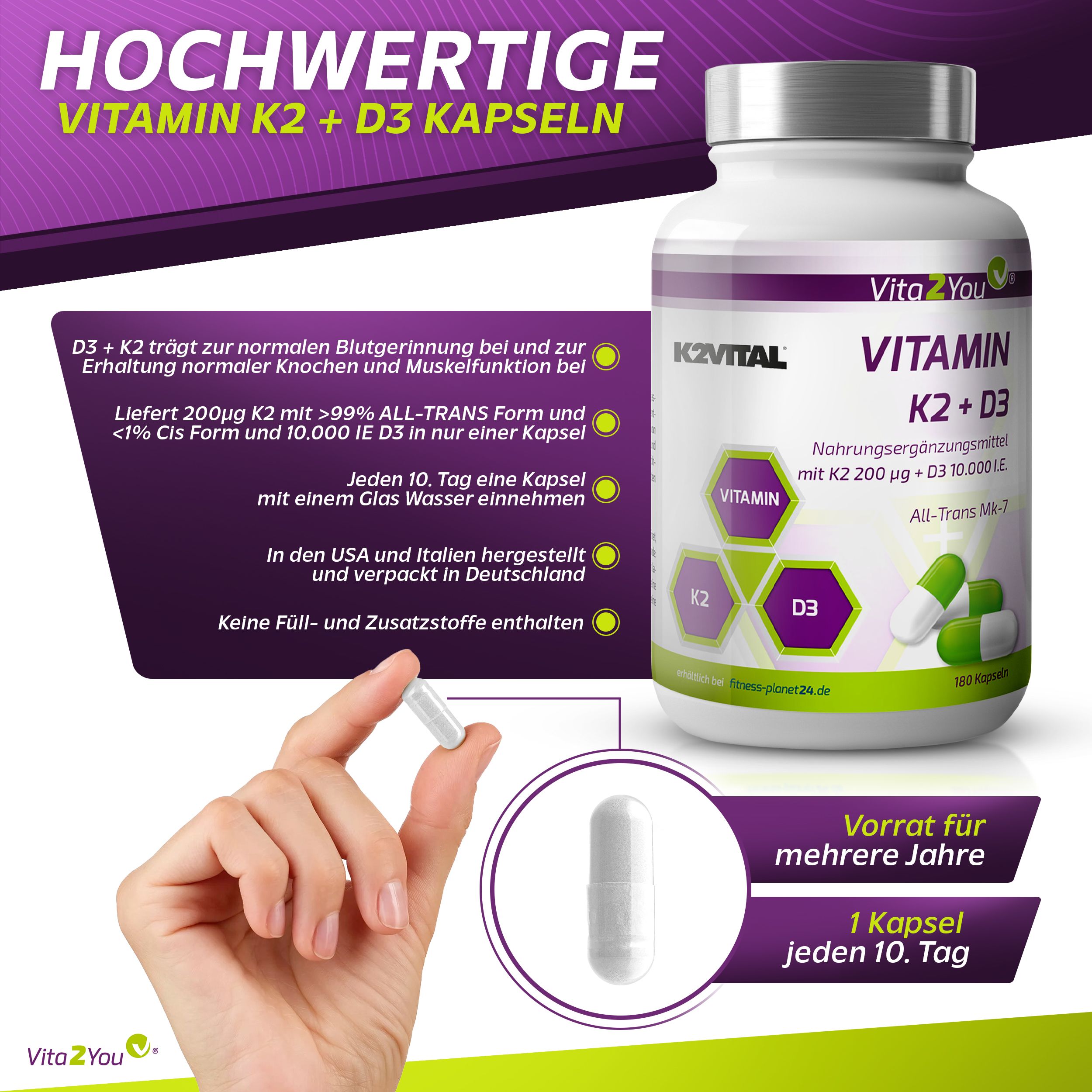 Vita2You Vitamin K2+D3 Kapseln 10.000 IE + K2 200μg K2VITAL