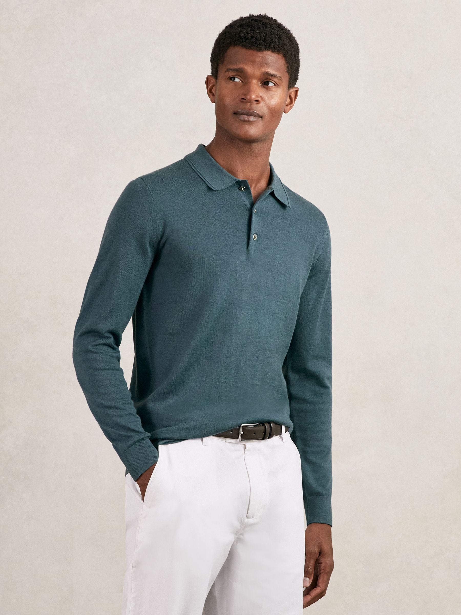 Blauwe Orion - Reiss Trafford poloshirt met lange mouwen van merinowol