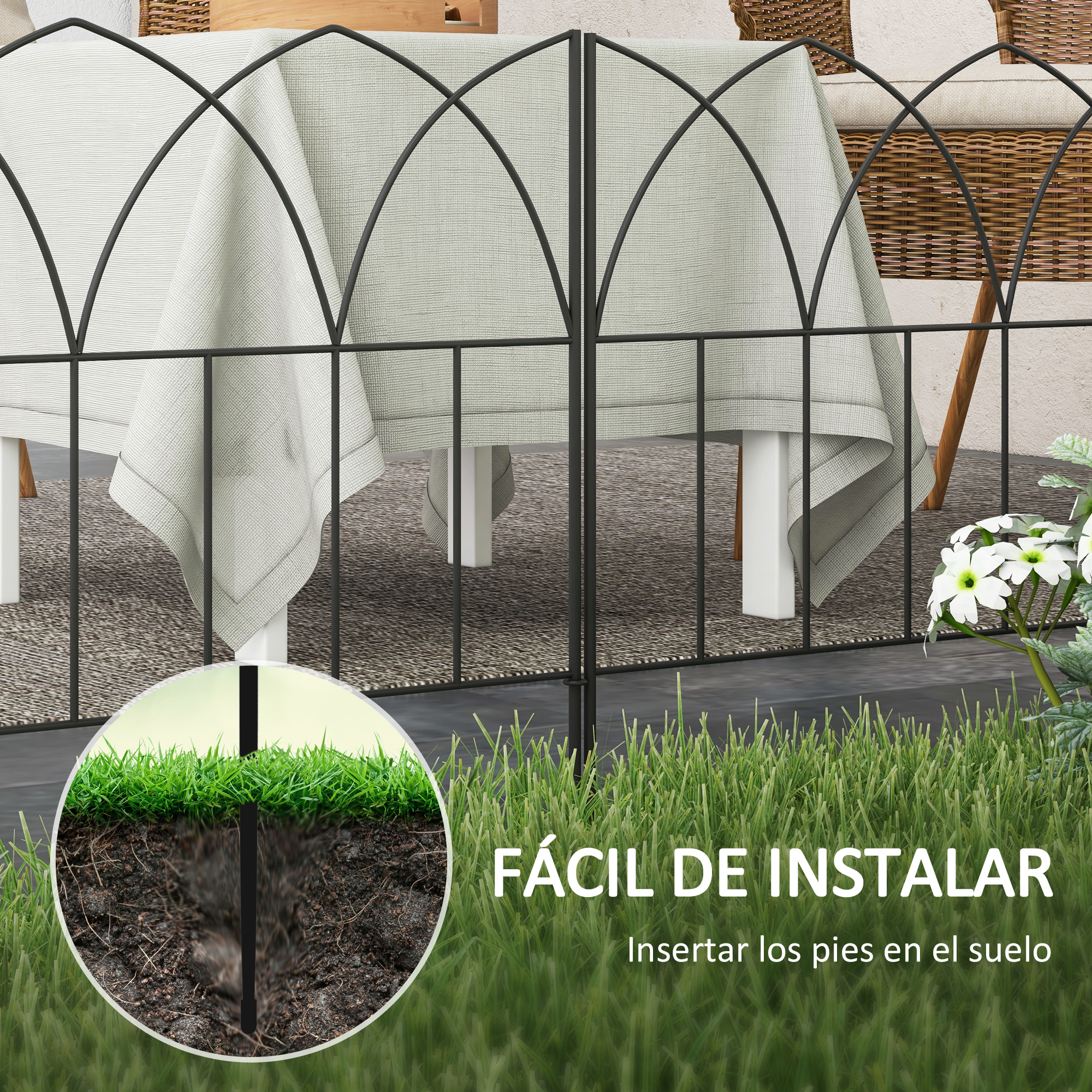 Conjunto de 5 Cercas Decorativas de Metal Outsunny para Jardim, 205x45,5 cm, com Combinação Livre, Barreira para Animais, para Terraço, Pátio e Gramado, Cor Preta