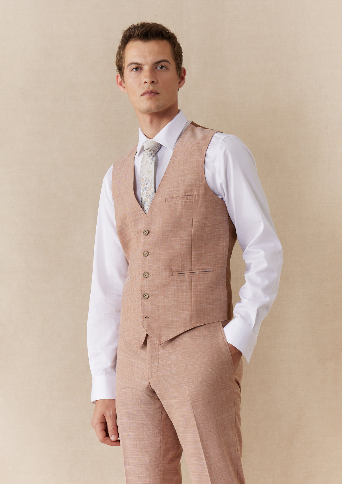 Gilet de costume en laine et coton stretch unis noisette
