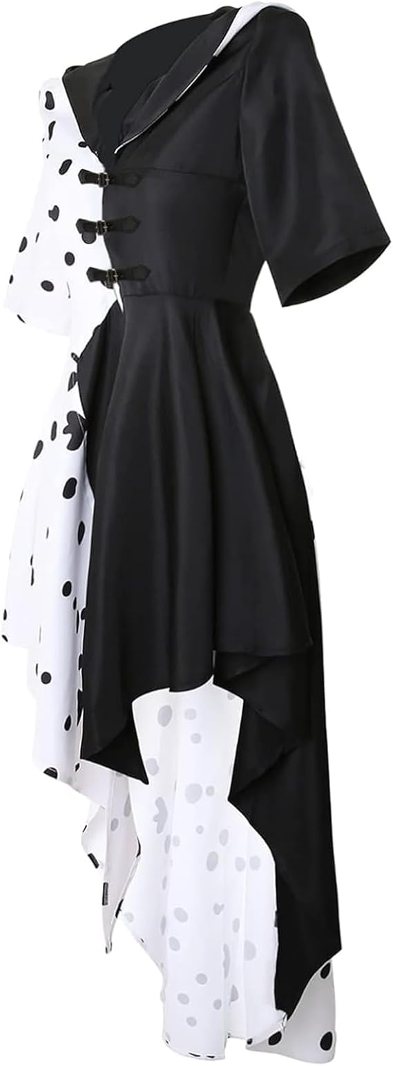 (175cm) Fasnacht Erwachsenen Kostüm Dalmatiner Lady Kleid mit Kapuze Verkleidung für Motto Partys / Halloween inkl. Handschuhe - Schwarz / Weiss