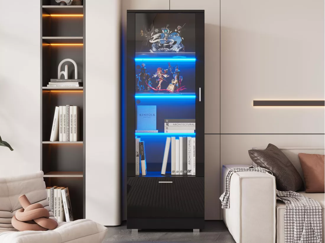 Vitrine avec LED - 3 étagères & 1 grand tiroir - Noir