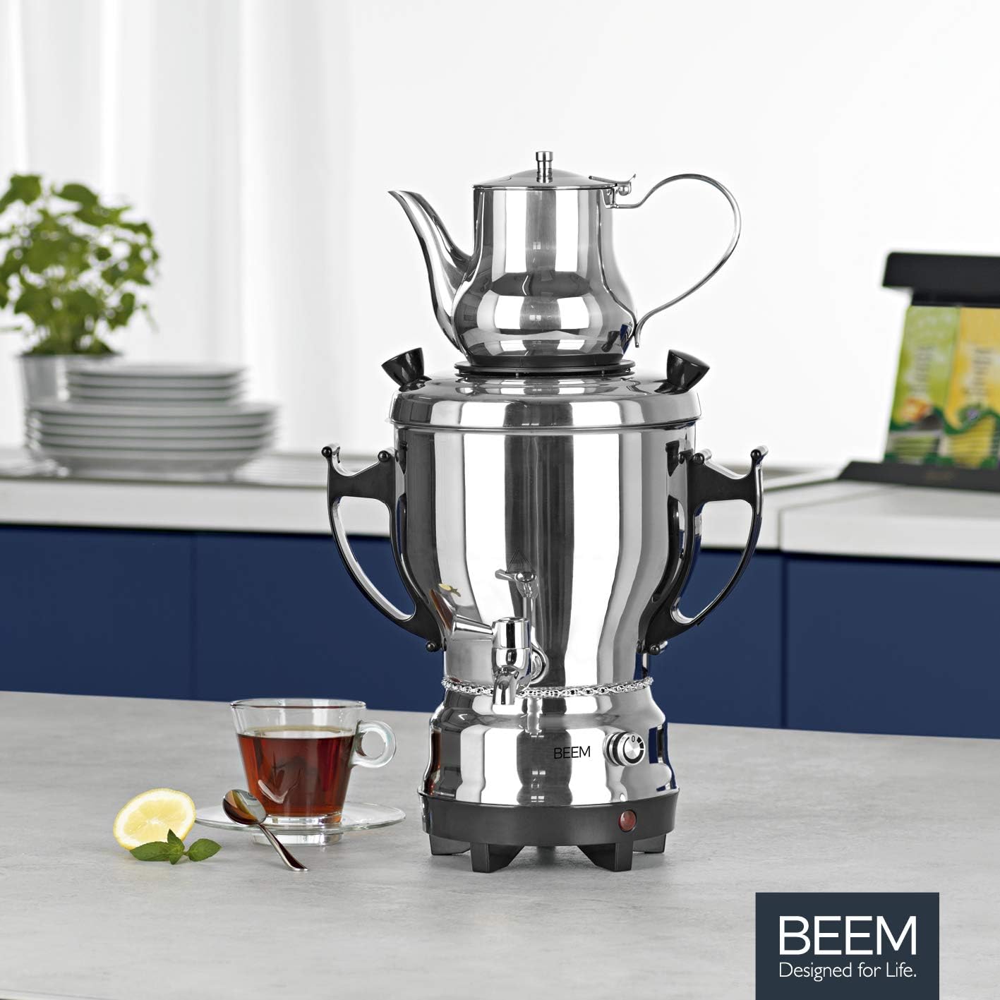 BEEM TEA-CLASSIC Samowar - 3L | Edelstahl / Schwarz | großer Teekocher auch für Gastrobetriebe | Mit Edelstahl-Ablasshahn | Stufenlos einstellbarer Temperaturregler | Mit 1 L Teekanne