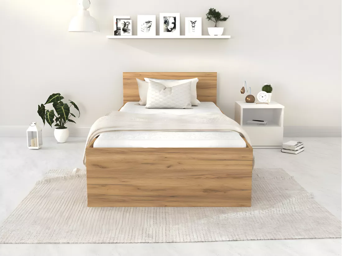 Lit Panama 90x200 + coffre - Sommier inclus Chêne