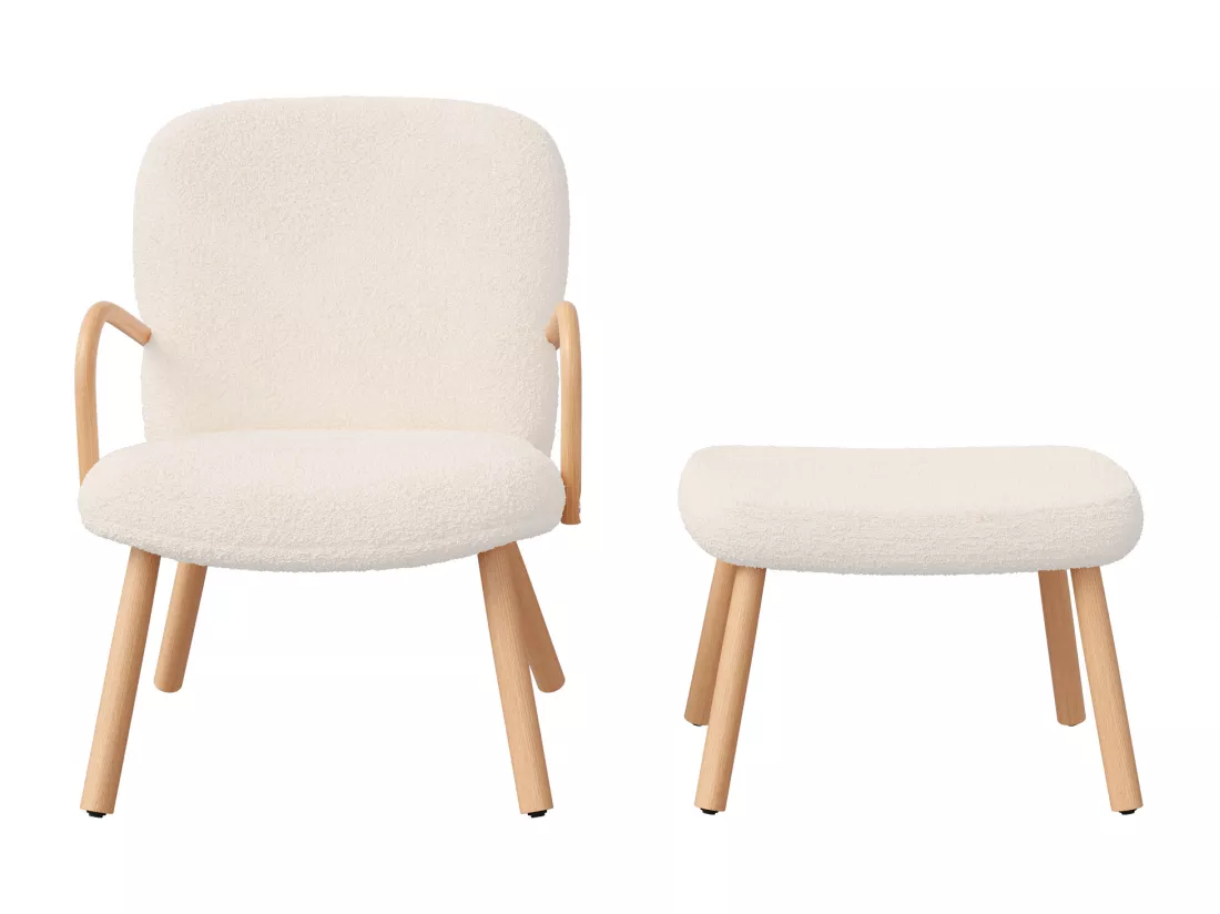 Ensemble 2 pièces, ensemble de chaises sherpa avec tabouret, design élégant, blanc