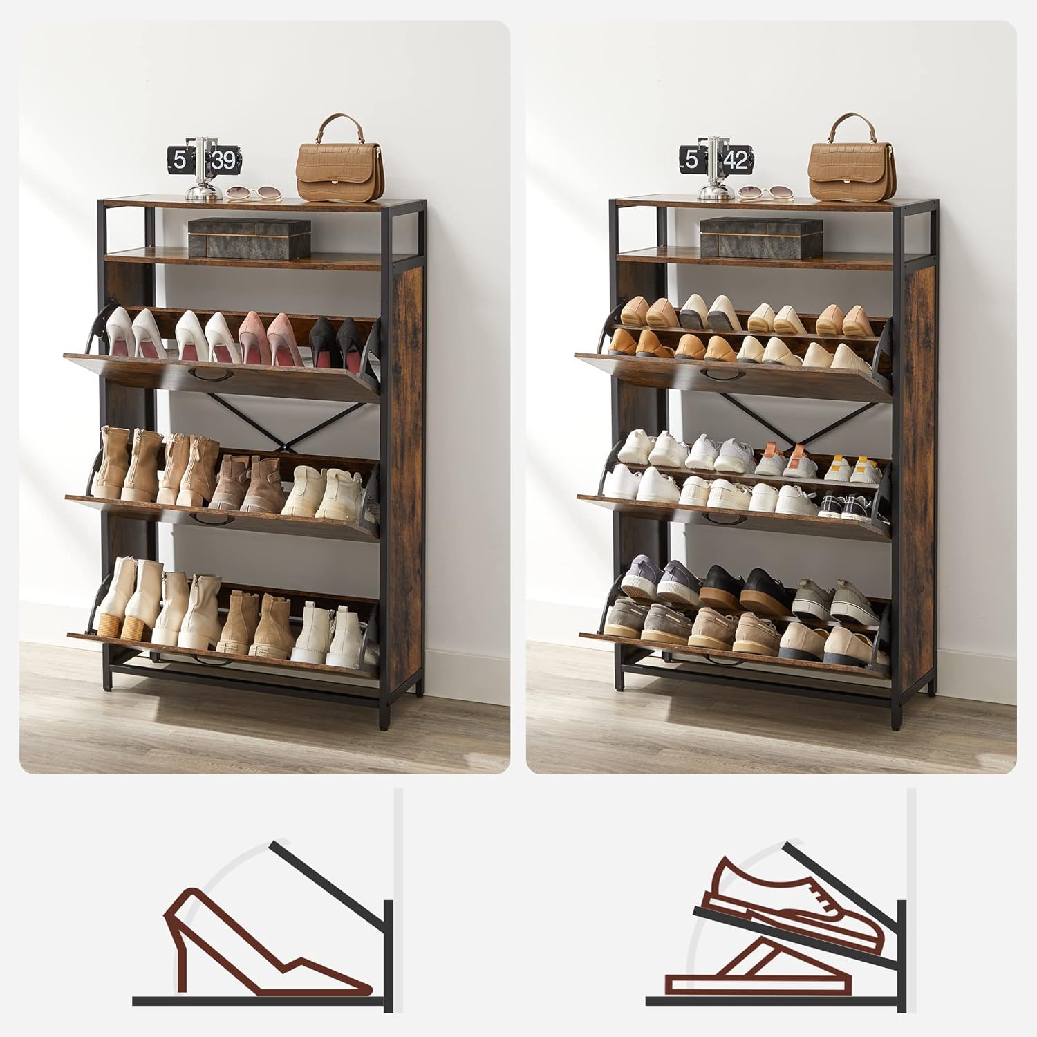 VASAGLE Schuhschrank, schmales Schuhregal, Schuhkipper mit 3 Klappen, für 15-24 Paar Schuhe, platzsparend, staubdicht, 30 x 80 x 130 cm, für Flur, vintagebraun-schwarz LBS802B01