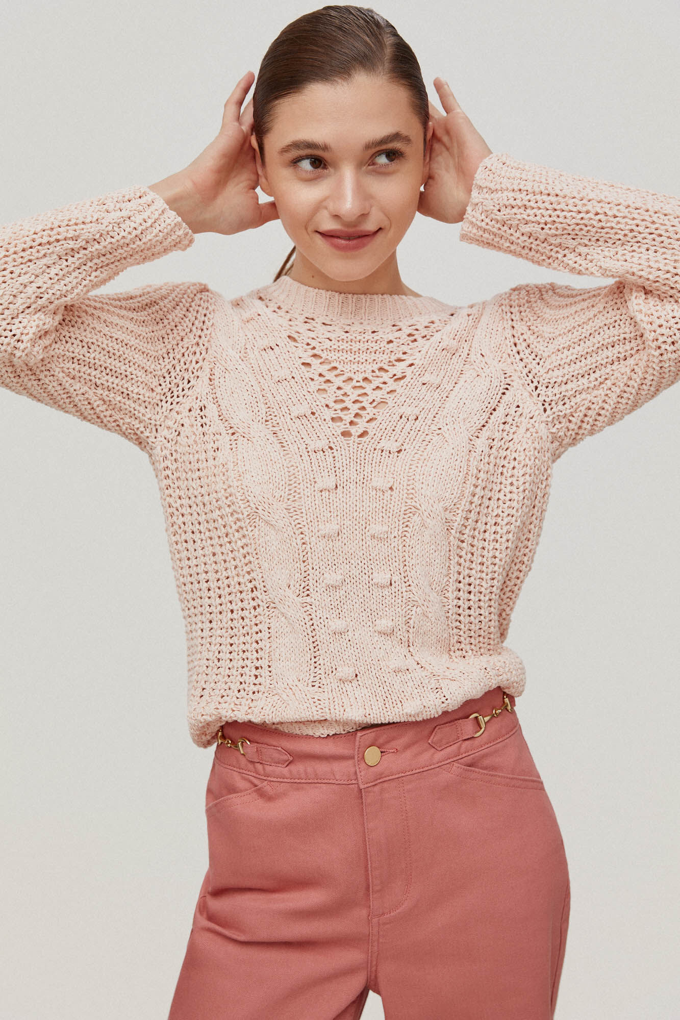 Suéter de tricô com detalhes vazados e mangas bufantes - Rosa