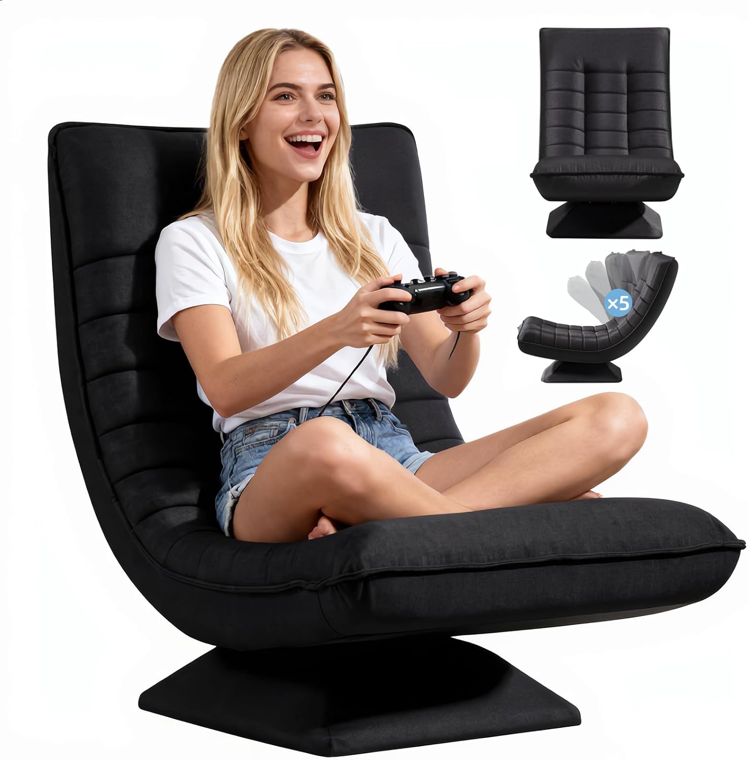 Sessel Wohnzimmer Verstellbare Rückenlehne, 360° Drehbar Leinen Bodenstuhl, Keine Montage Erforderlich Gaming Bodensofa Klappbar, 150kg Belastbarkeit Relaxsessel, Lesesessel, Schwarz