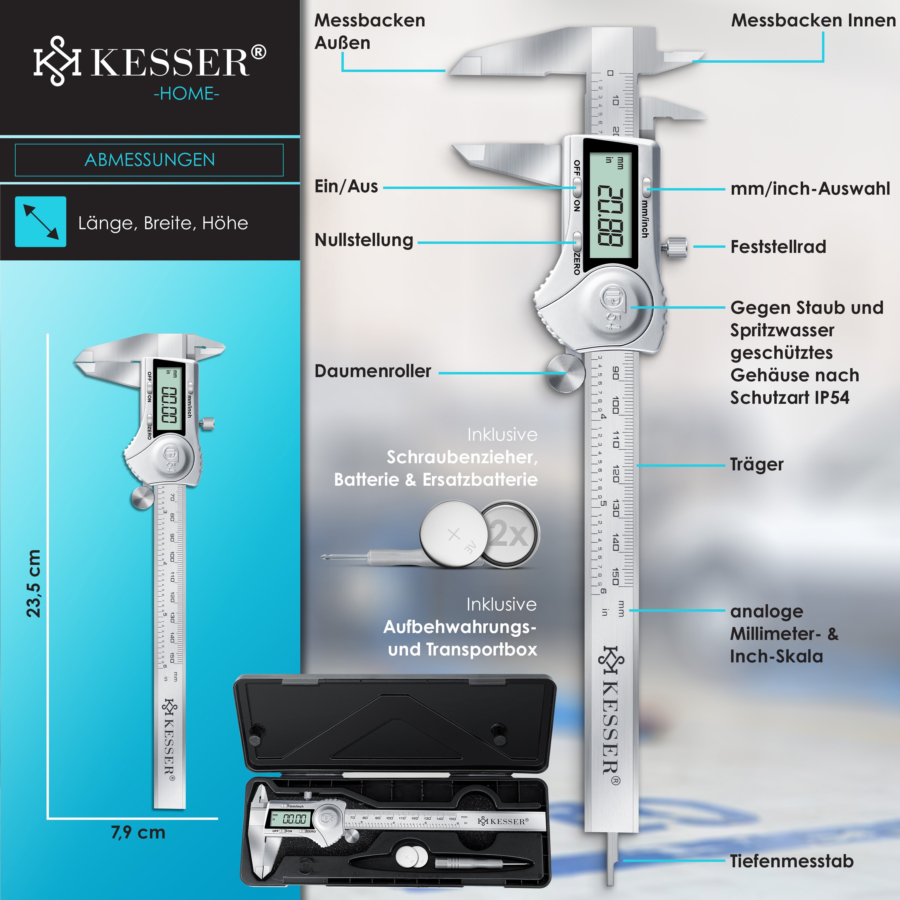 KESSER® Digital Messschieber Edelstahl 150mm LCD Display Inkl. Aufbewahrungsbox Ersatzbatterie Schieblehre Messlehre für Innen-, Außen feinste Abstände und Durchmesser IP54 Spritzwasserdicht
