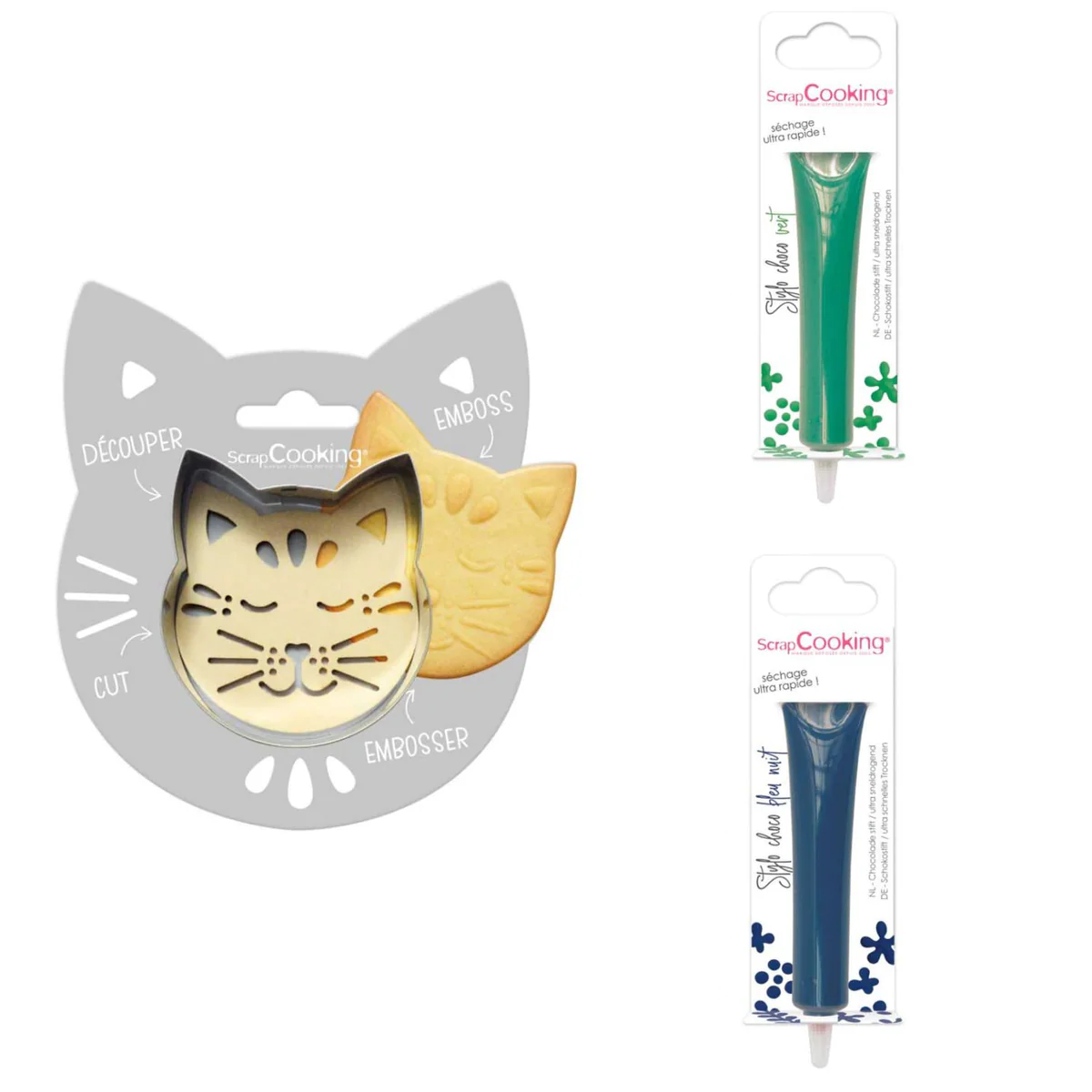 Kit pour biscuit en relief Chat + 2 Stylos au chocolat vert et bleu nu