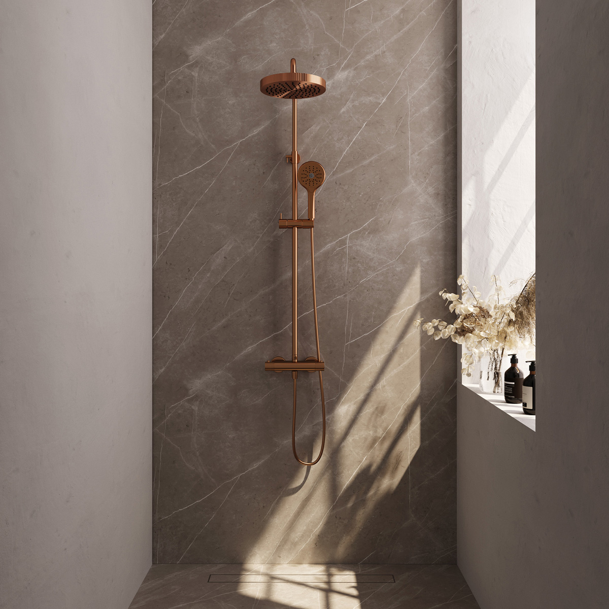 Brauer Stripe opbouw regendouche met 25cm hoofddouche en 3 standen handdouche koper geborsteld PVD