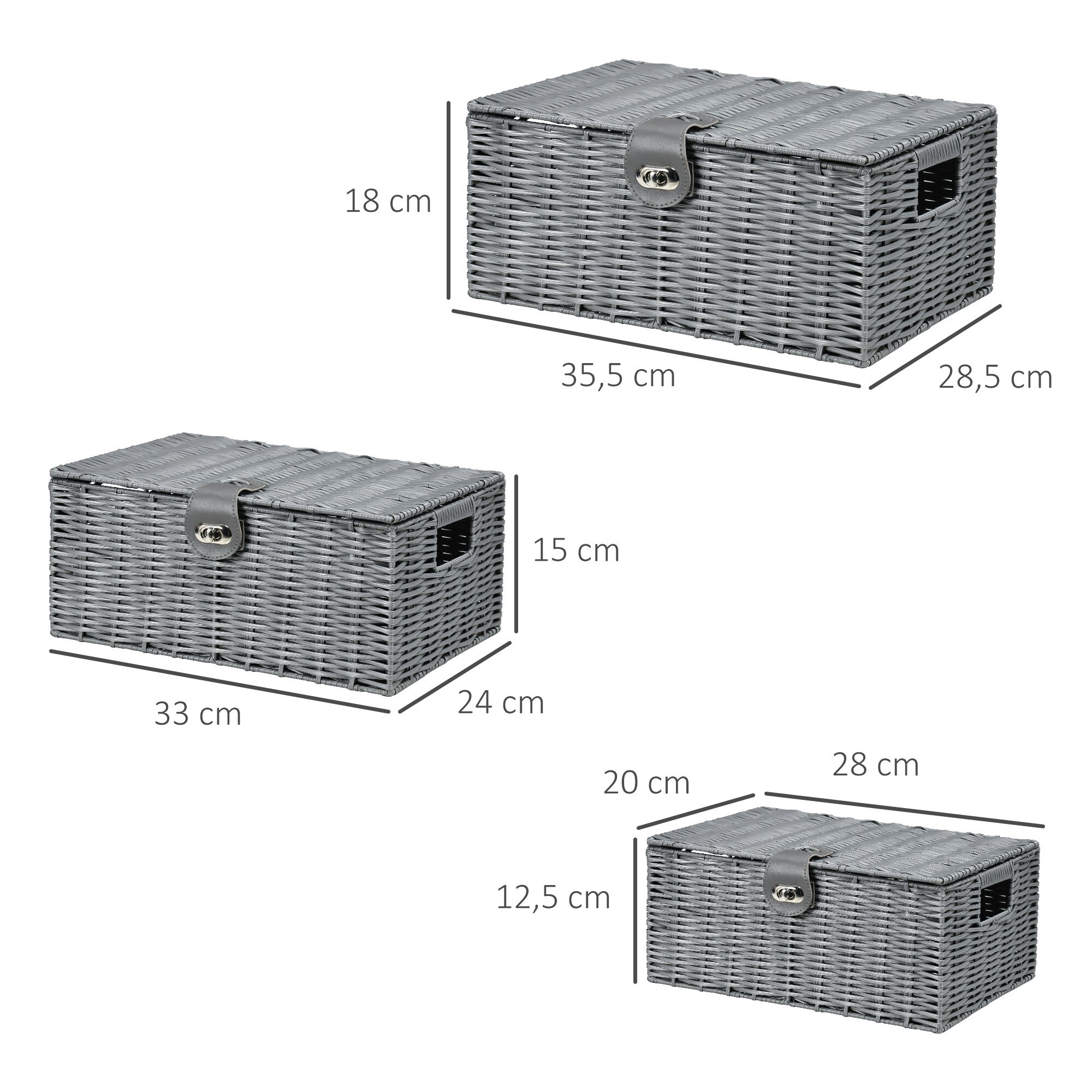 HOMCOM Aufbewahrungskörbe Set mit Verschluss grau 35,5L x 28,5B x 18H cm
