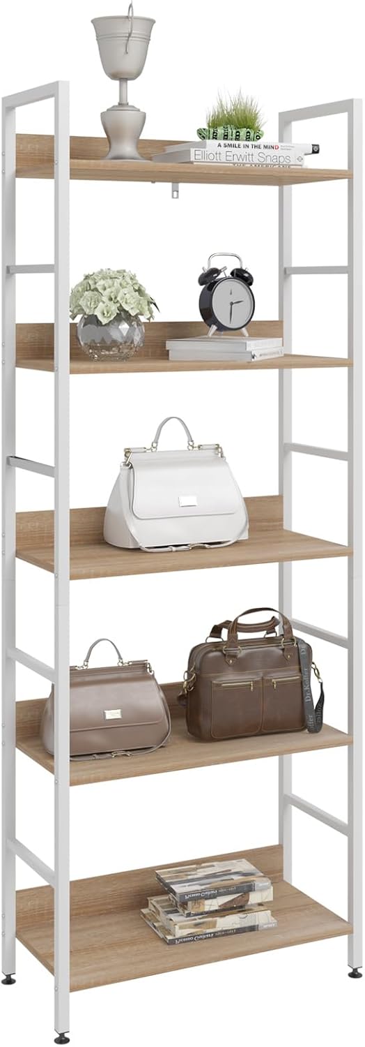 WOLTU Bücherregal, offenes Standregal mit 5 Ebenen, stehendes Regal für Wohnzimmer Schlafzimmer Arbeitszimmer, 60x160x27,5 cm,Weiß + Helle Eiche