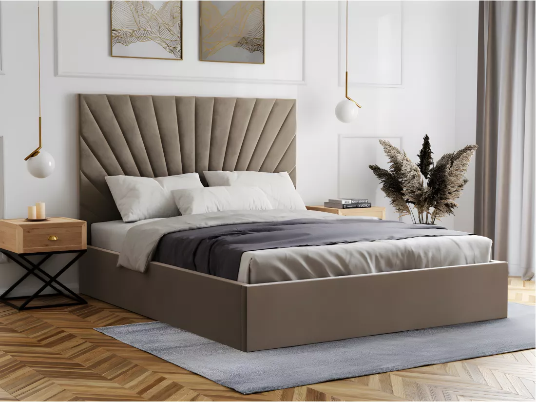 Lit coffre 160 x 200 cm - Velours - Taupe + Matelas - RILIODA de Pascal Morabito