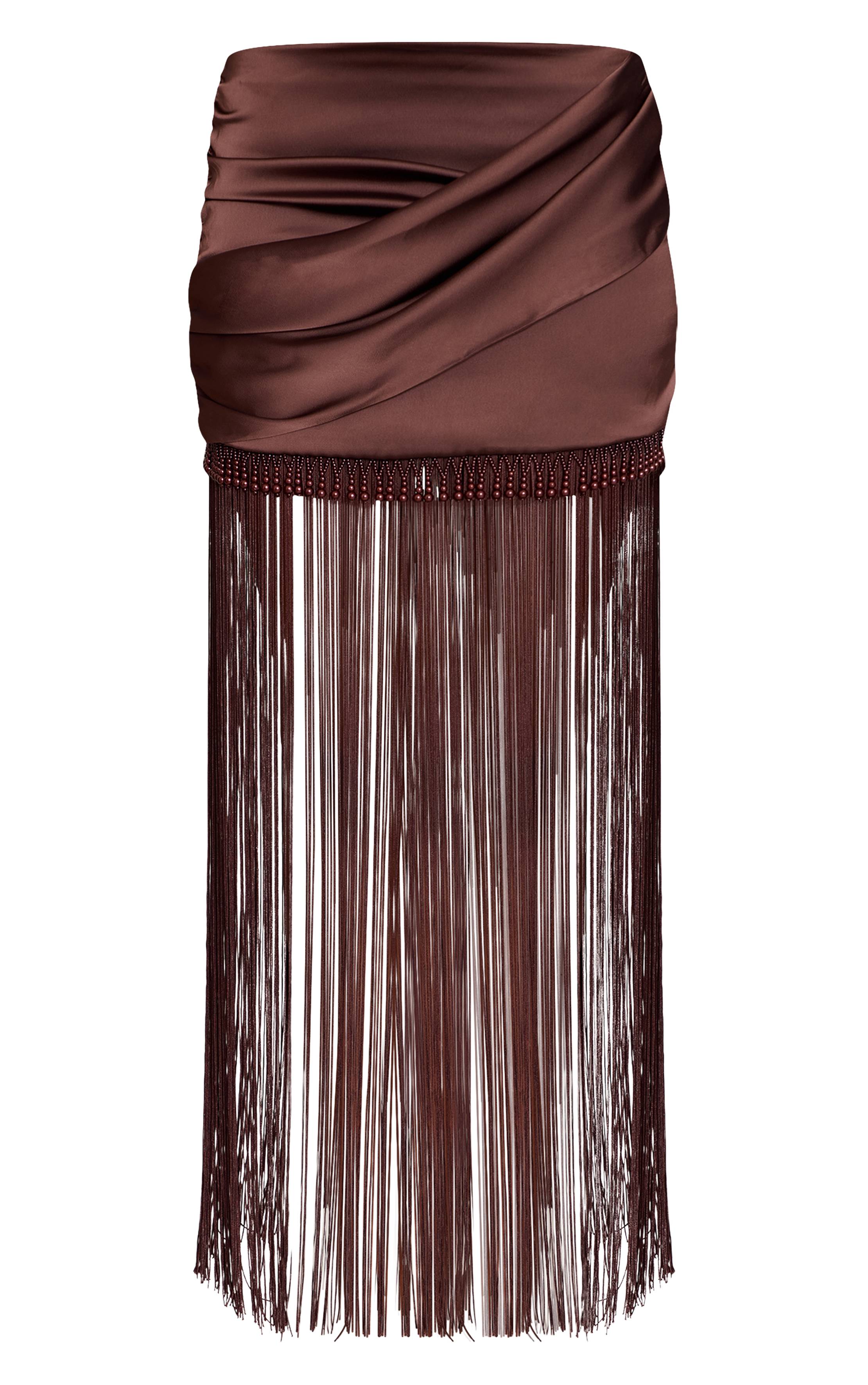 Chocolate Brown Ensemble Jupe Mini À Ourlet À Franges Perlées En Satin