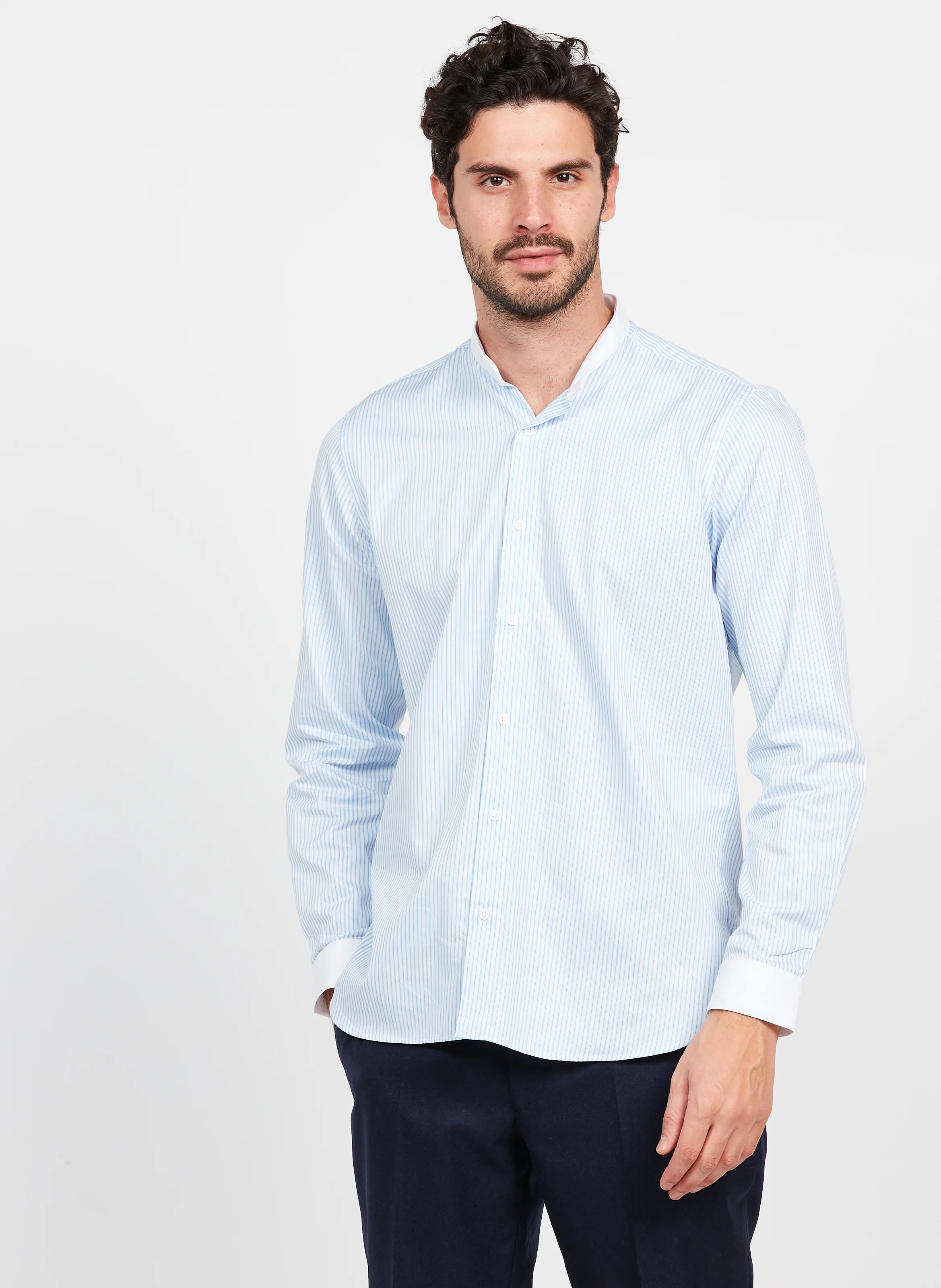 Chemise col Mao slim-fit rayée en coton| Bleu