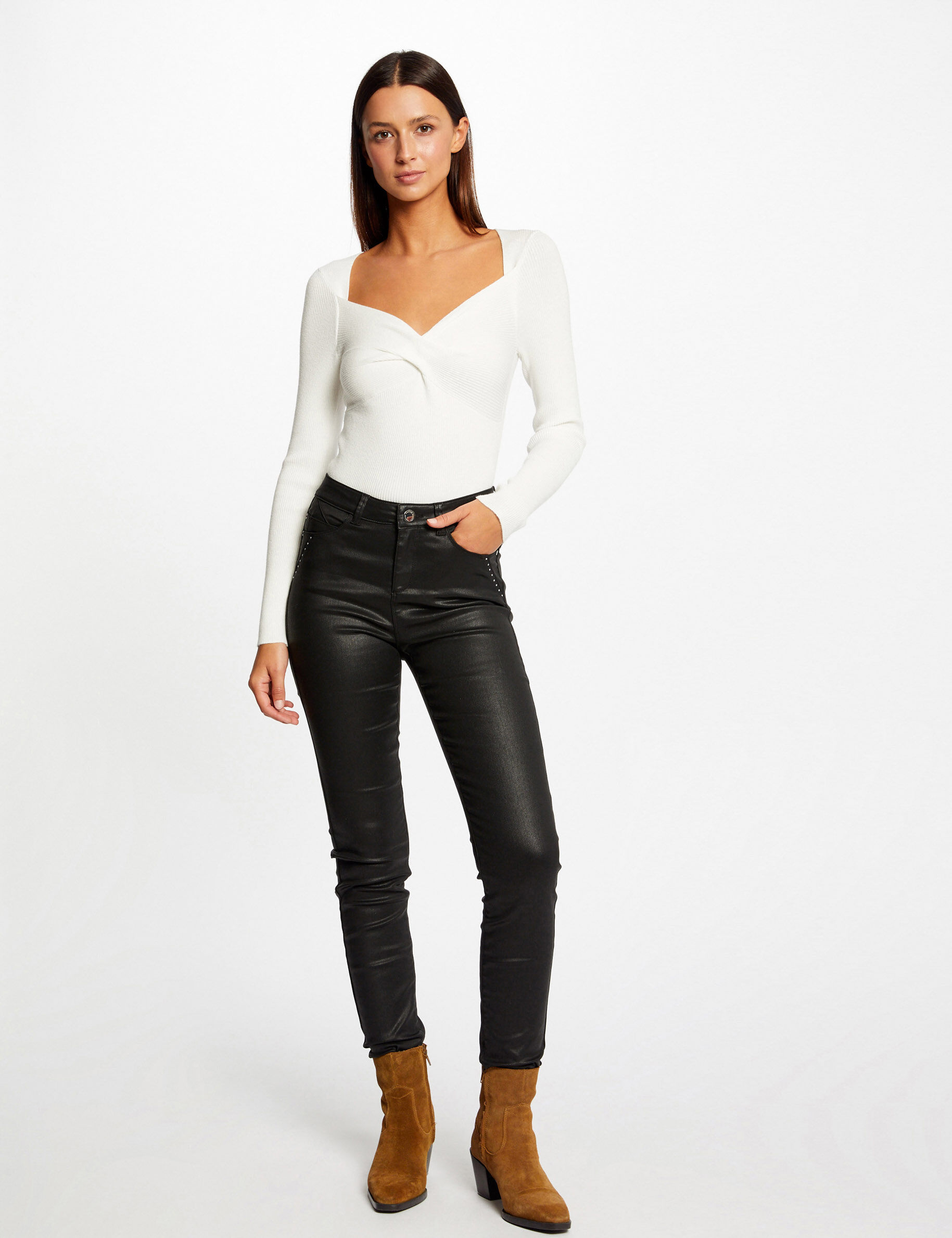 Pull manches longues col effet torsadé ecru femme - ecru