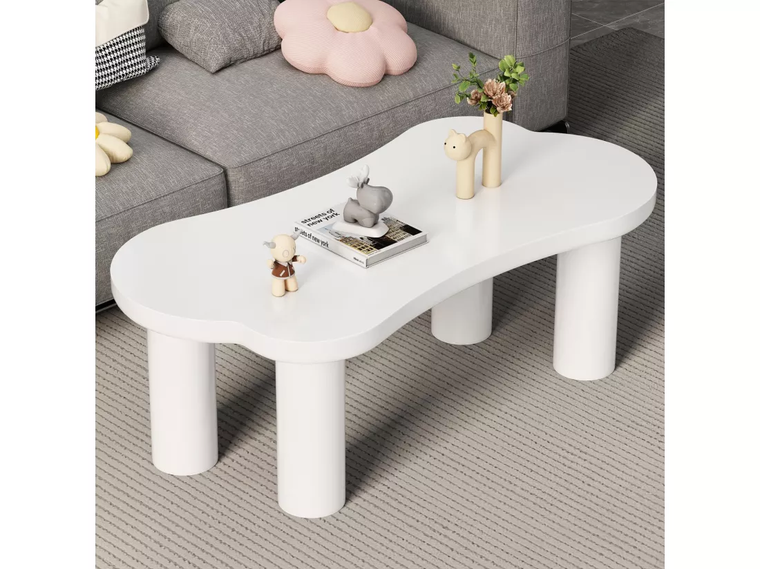 Table basse asymétrique avec 2 tabourets - en MDF + pieds en PVC - 113x58x40.5cm - Blanc