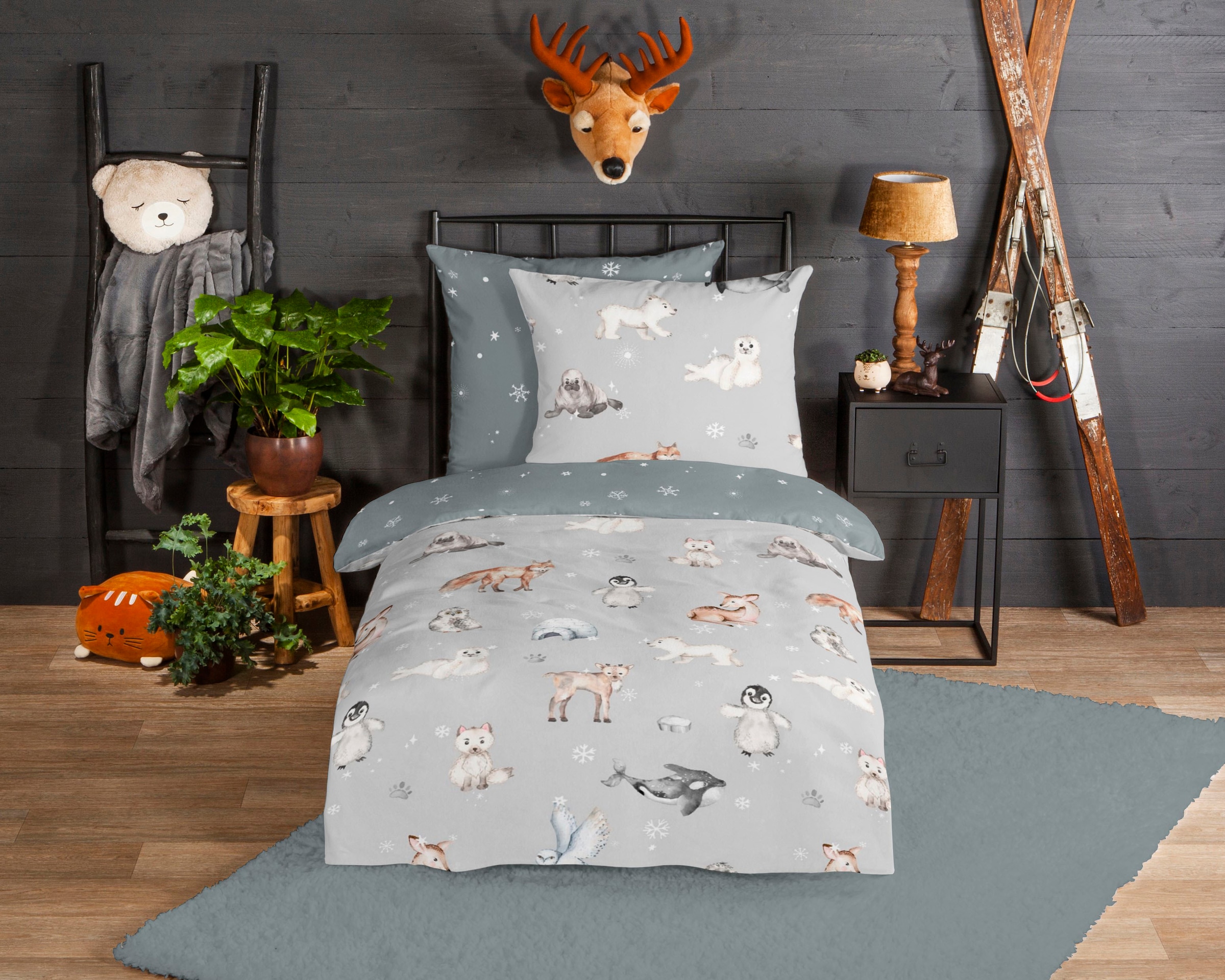 good morning Kinderbettwäsche »Cira« 2 Stk. tlg. Biber, 135x200, Warm, Weich, Wende, Reissverschluss, Kind, Winter, Grau