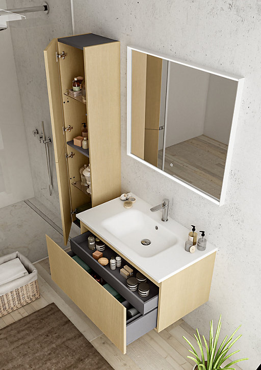 Meuble sous vasque à suspendre Pura placage chêne clair strié 90 cm + Plan vasque en résine blanc mat